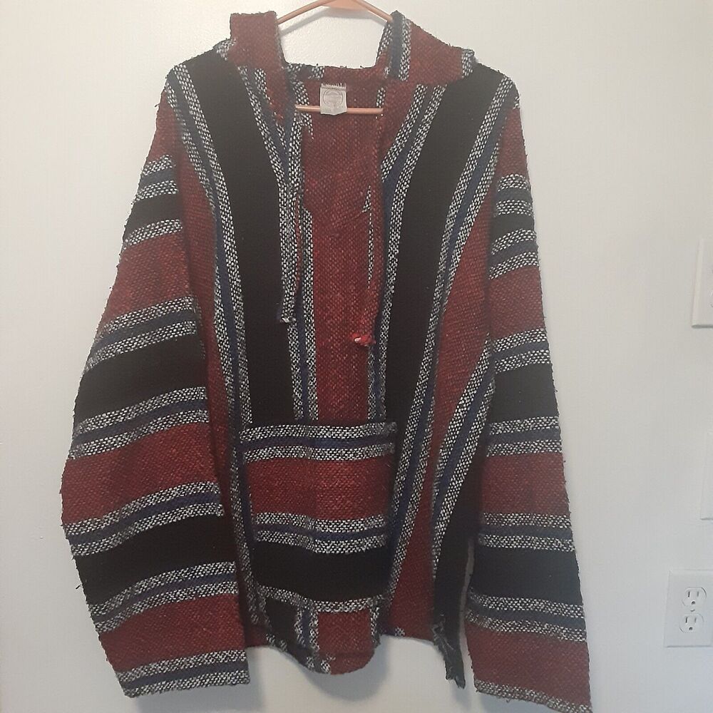 Artesanias Cuamatzi Size XL Baja Mexican Blanket Pullover Poncho Hoodie Striped